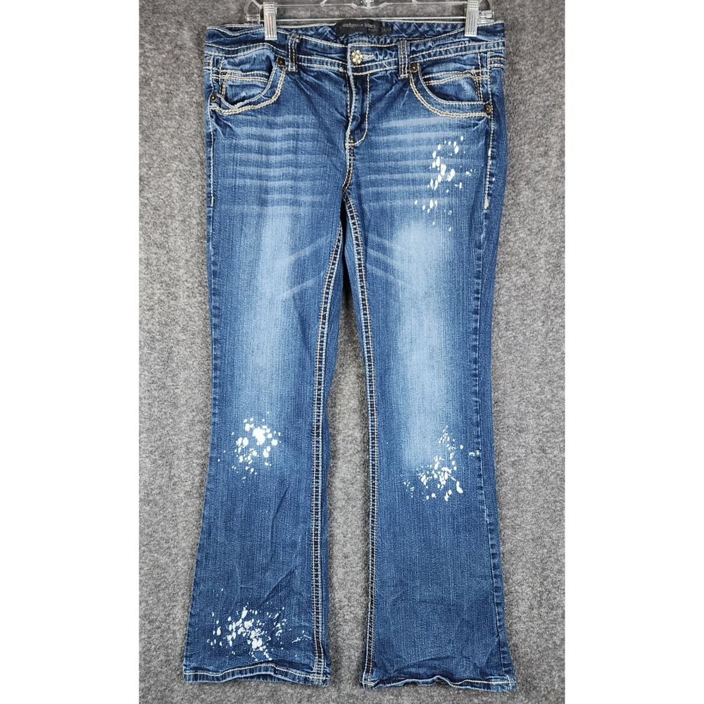Twentyone Black Jeans Womens 13/14 Curvy Low Rise Flare Blue Paint Splatter EUC